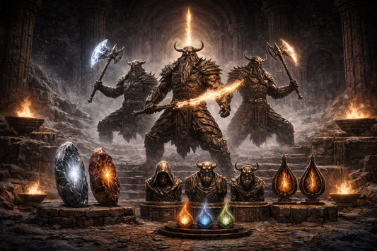Colossal Ancients pinnacle encounter in Diablo 2 Resurrected with Ancient Statues, Worldstone Shards and Ancient Jewels
