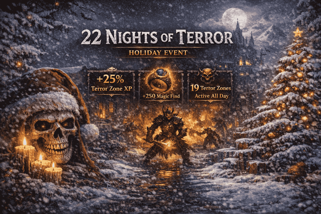 22 Nights of Terror Holiday Event in Diablo 2 Resurrected showing Terror Zone XP and Magic Find bonuses