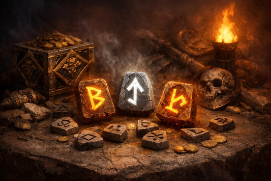 High Runes glowing on a dark altar in Diablo II Resurrected