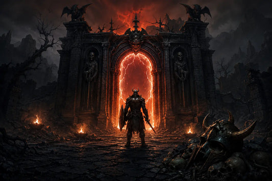 Dark Diablo 2 Resurrected fantasy scene featuring an armored warrior standing before a fiery portal during Ladder Season 14 in Reign of the Warlock.