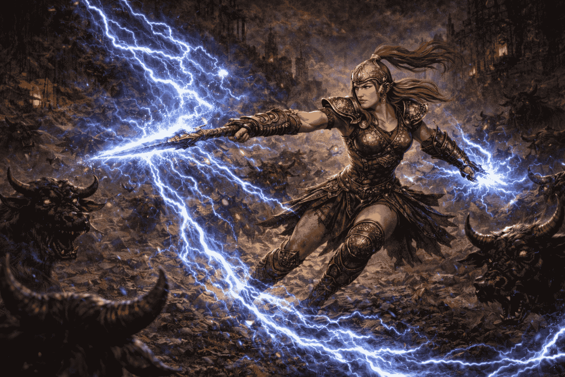 Diablo 2 Resurrected Lightning Fury Amazon throwing a javelin as lightning bolts chain through monsters.