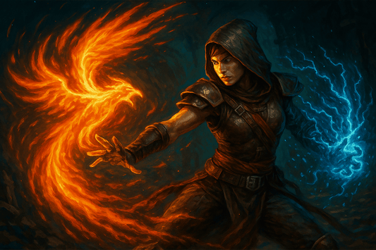 Mosaic Martial Arts Assassin casting Phoenix Strike, summoning a fiery phoenix and blue lightning in a dark Diablo 2 Resurrected landscape.