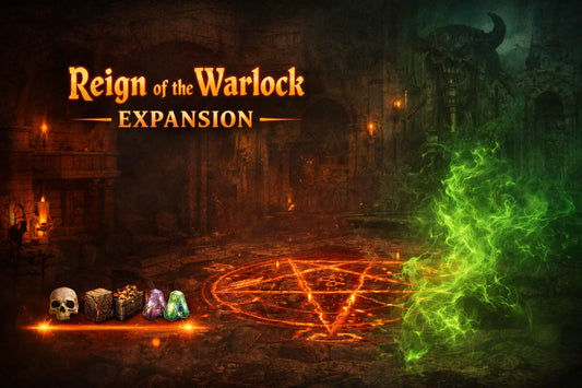 'Reign of the Warlock Expansion' with game elements and dark fantasy setting.