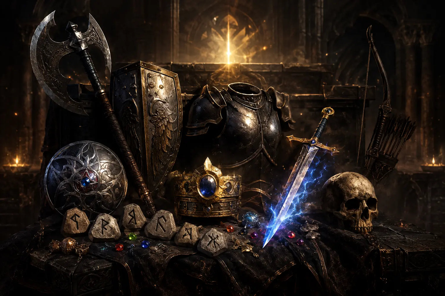 Dark fantasy collection image representing high-end Diablo 2 Resurrected items such as weapons, armor, runes, and artifacts.