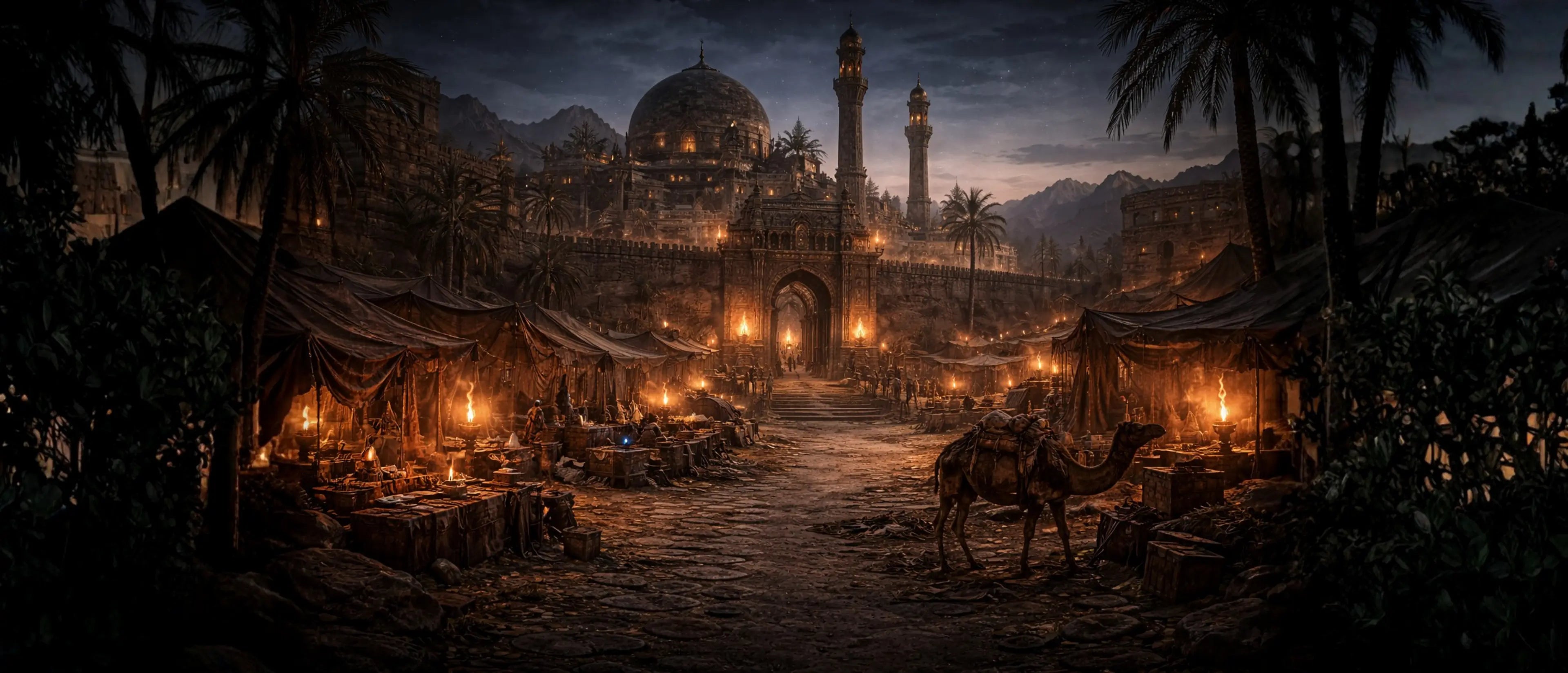 Diablo 2 Act II Lut Gholein–inspired desert city scene with marketplace tents, torches, and sandstone architecture at night