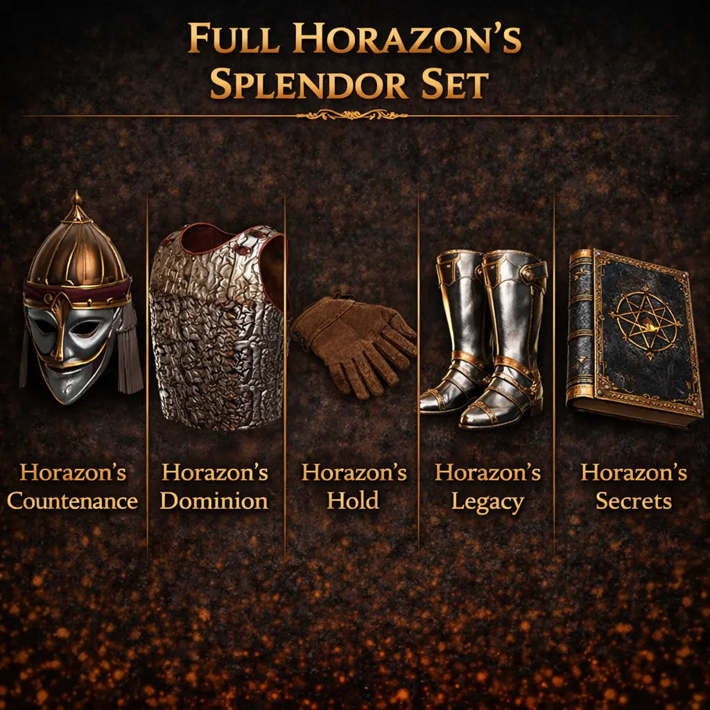 Set 'Full Horazon's Splendor' with 'Horazon's Countenance', 'Horazon's Dominion', 'Horazon's Hold', Horazon's Legacy', and 'Horazon's Secrets' from D2R Reign of the Warlock on a dark background.