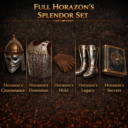 Set 'Full Horazon's Splendor' with 'Horazon's Countenance', 'Horazon's Dominion', 'Horazon's Hold', Horazon's Legacy', and 'Horazon's Secrets' from D2R Reign of the Warlock on a dark background.